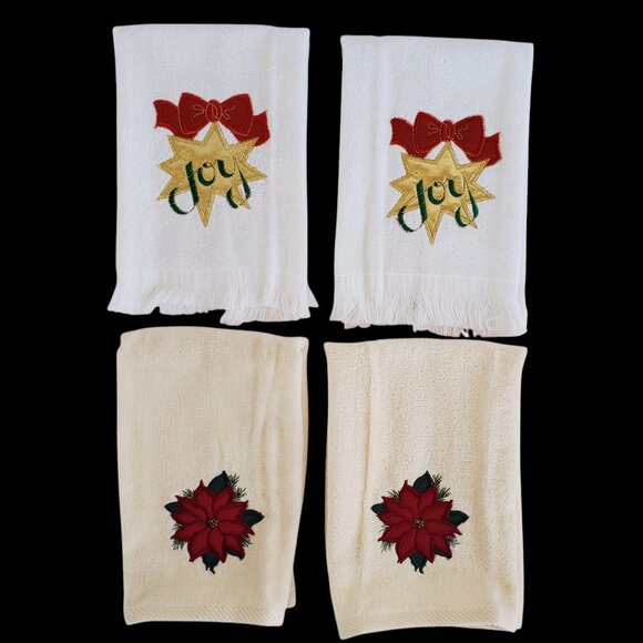 Christmas Holiday 4 Fingertip Guest Towels Applique Poinsettia Star White Cream - Picture 2 of 11